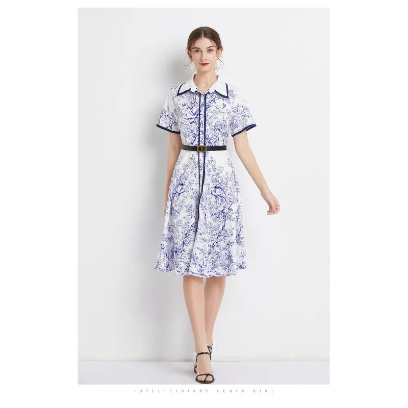 Lapel Jungle Print Waist Belt Pattern Dress