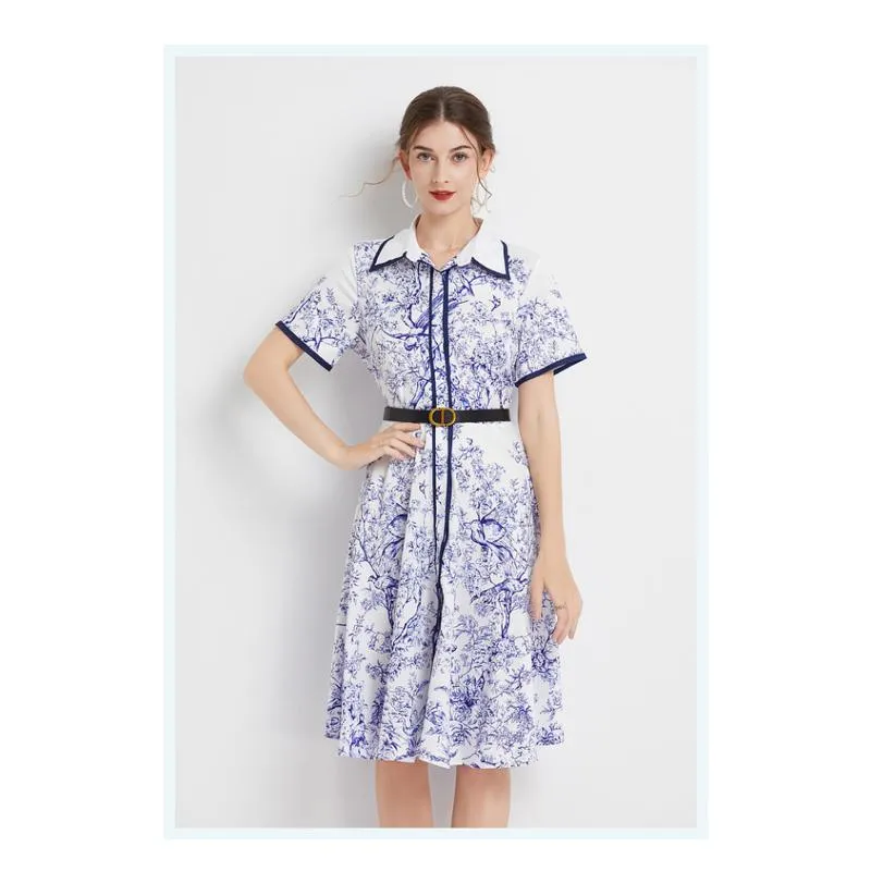 Lapel Jungle Print Waist Belt Pattern Dress