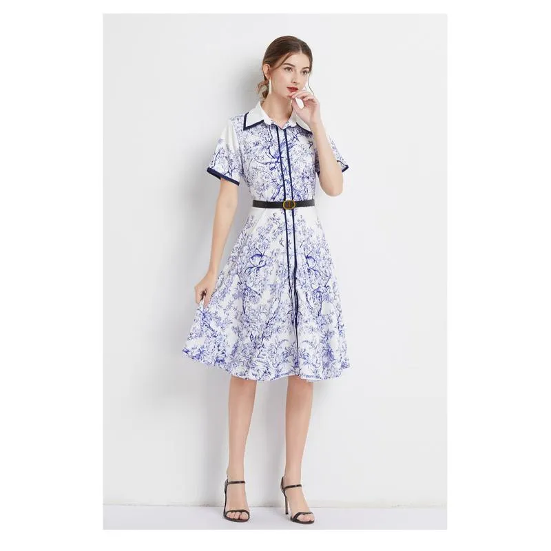 Lapel Jungle Print Waist Belt Pattern Dress