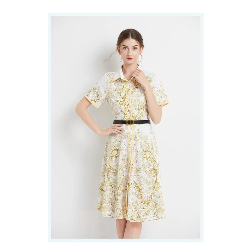 Lapel Jungle Print Waist Belt Pattern Dress