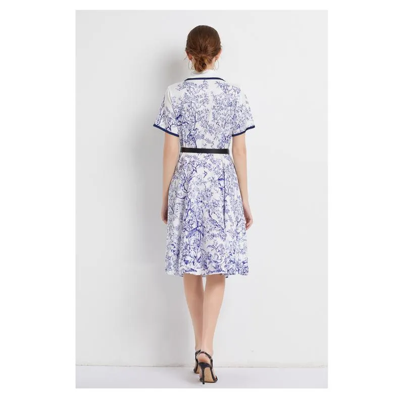 Lapel Jungle Print Waist Belt Pattern Dress