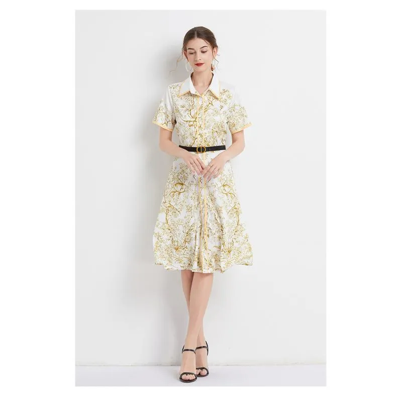 Lapel Jungle Print Waist Belt Pattern Dress