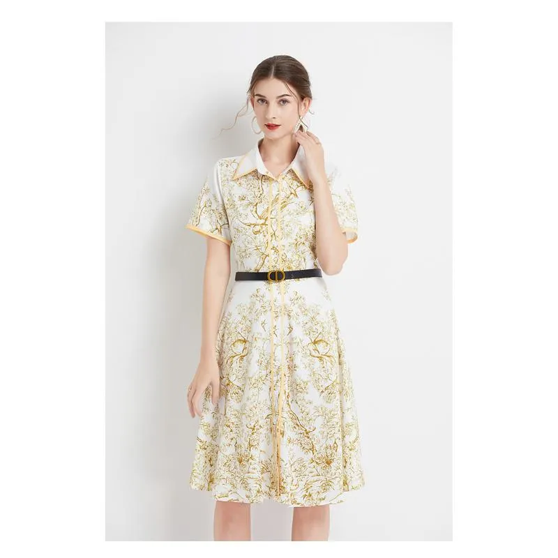 Lapel Jungle Print Waist Belt Pattern Dress