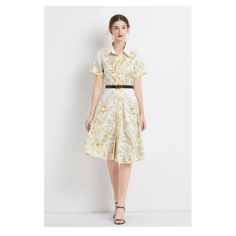 Lapel Jungle Print Waist Belt Pattern Dress