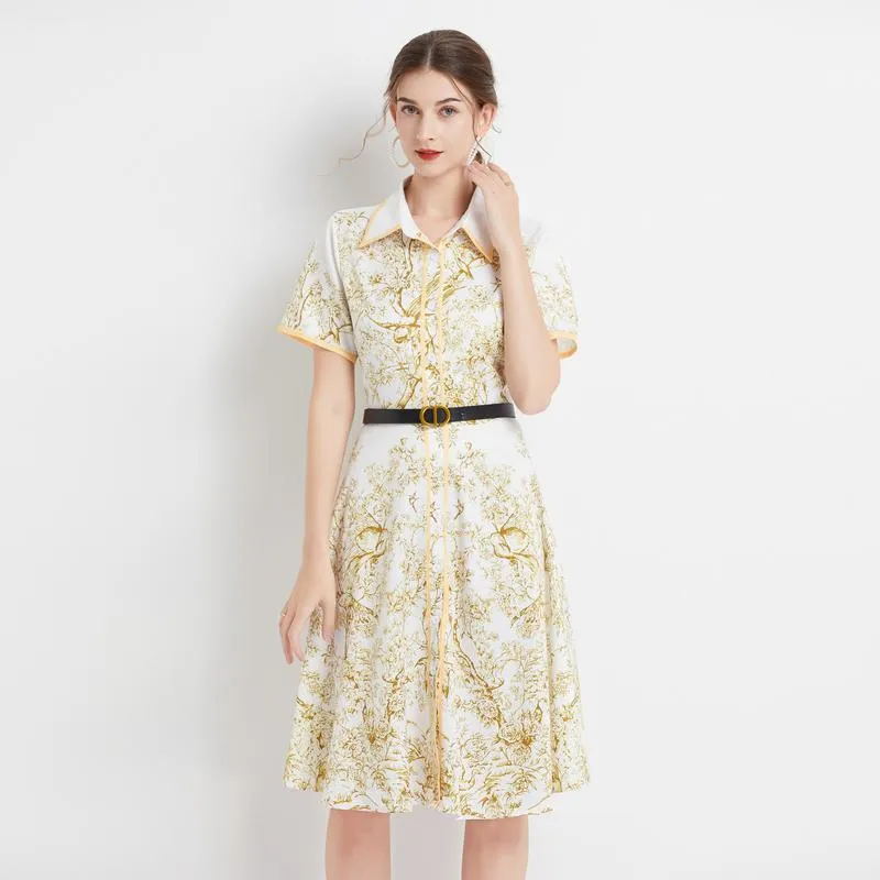 Lapel Jungle Print Waist Belt Pattern Dress