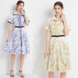 Lapel Jungle Print Waist Belt Pattern Dress