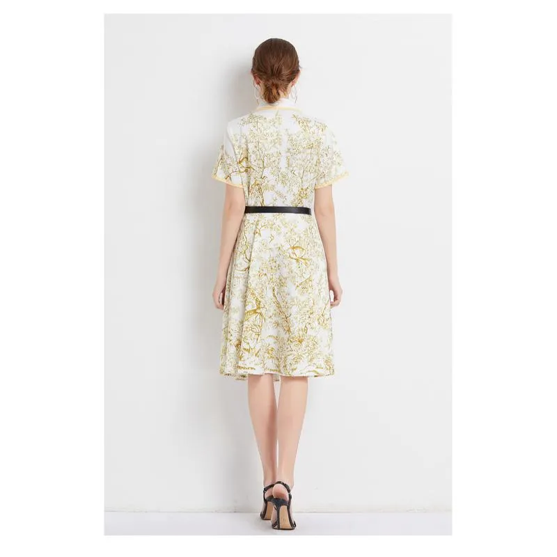 Lapel Jungle Print Waist Belt Pattern Dress