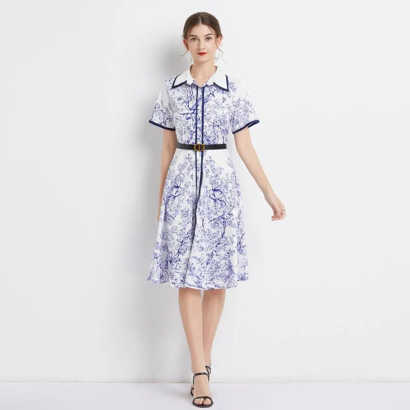 Lapel Jungle Print Waist Belt Pattern Dress