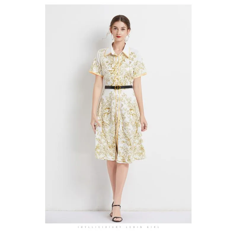 Lapel Jungle Print Waist Belt Pattern Dress