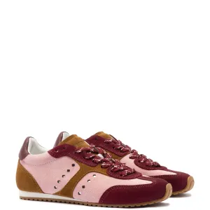 LARROUDE | Stella Sneaker In Tulip, Russet and Wine Suede and Silver Metallic Leather
