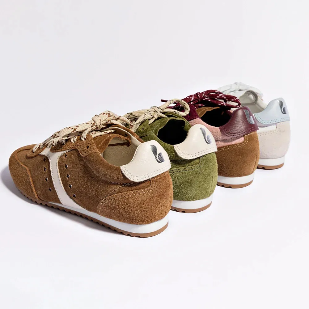 LARROUDE | Stella Sneaker In Tulip, Russet and Wine Suede and Silver Metallic Leather