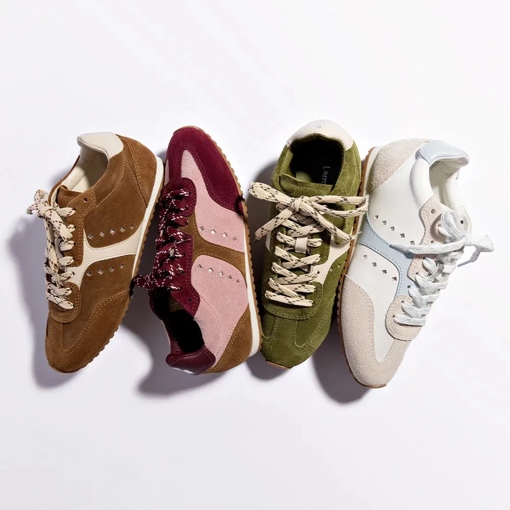 LARROUDE | Stella Sneaker In Tulip, Russet and Wine Suede and Silver Metallic Leather