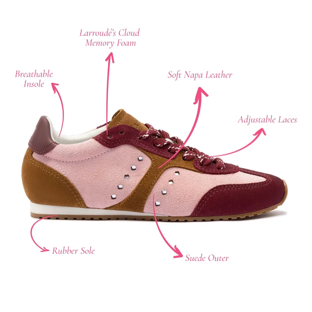 LARROUDE | Stella Sneaker In Tulip, Russet and Wine Suede and Silver Metallic Leather