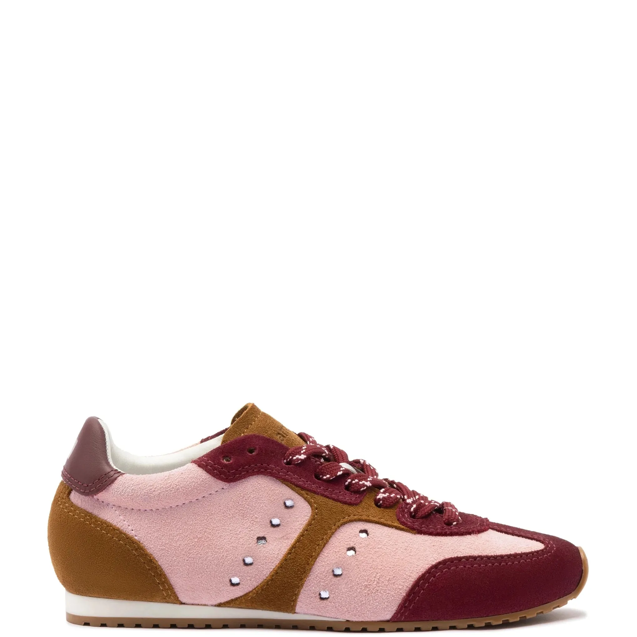 LARROUDE | Stella Sneaker In Tulip, Russet and Wine Suede and Silver Metallic Leather