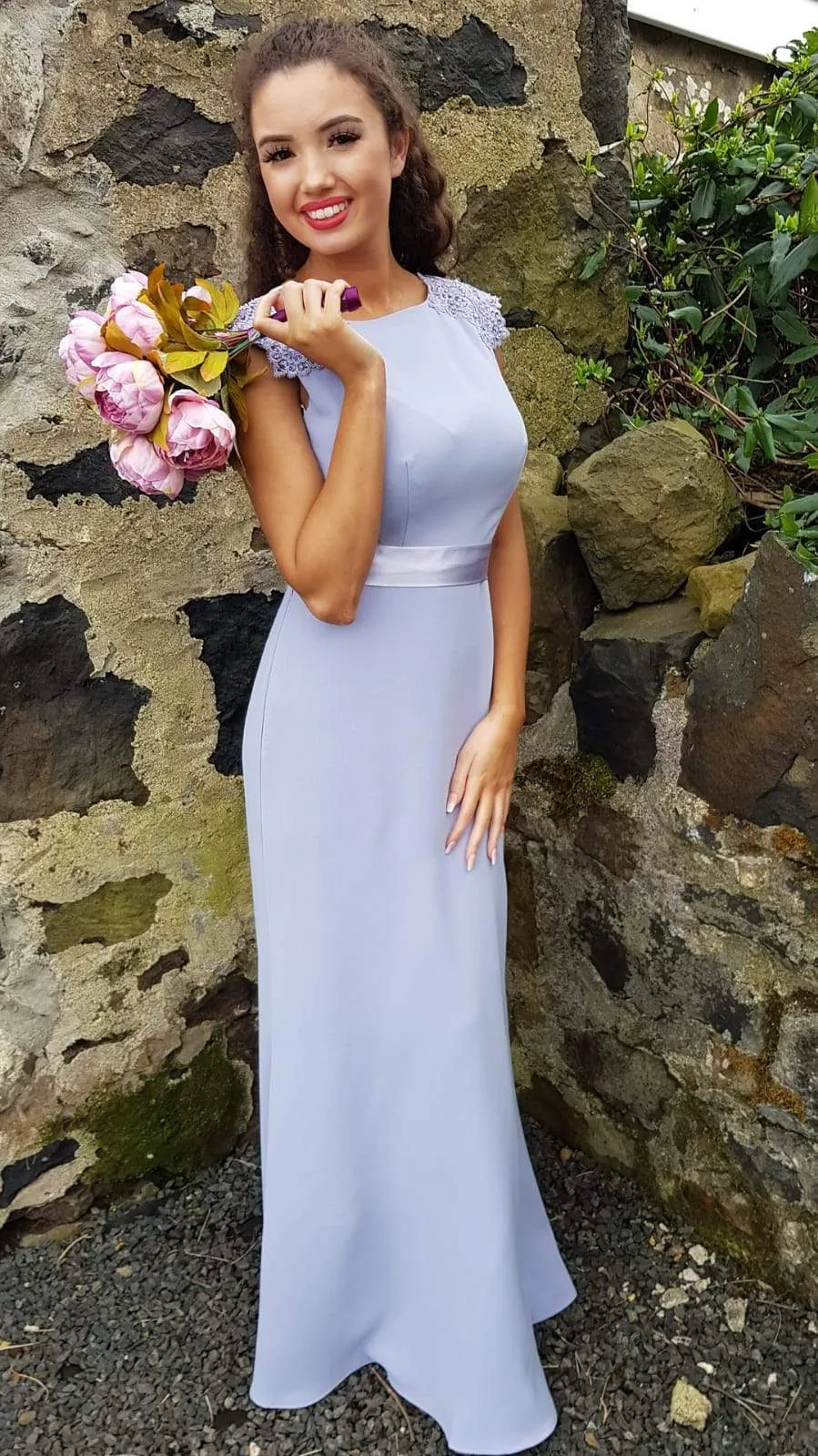 Lena Cornflower Blue Laced Shoulders Plain & Elegant Bridesmaids Dress