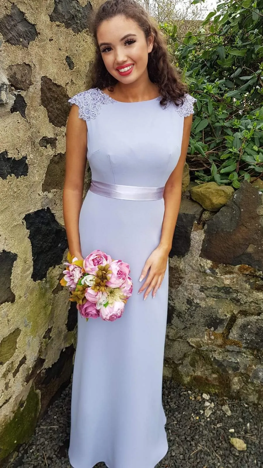 Lena Cornflower Blue Laced Shoulders Plain & Elegant Bridesmaids Dress