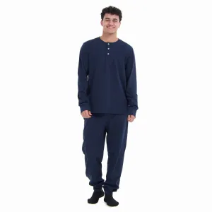 Men Fall Pajama Set Dark Blue Buttoned Sweatshirt   Pants