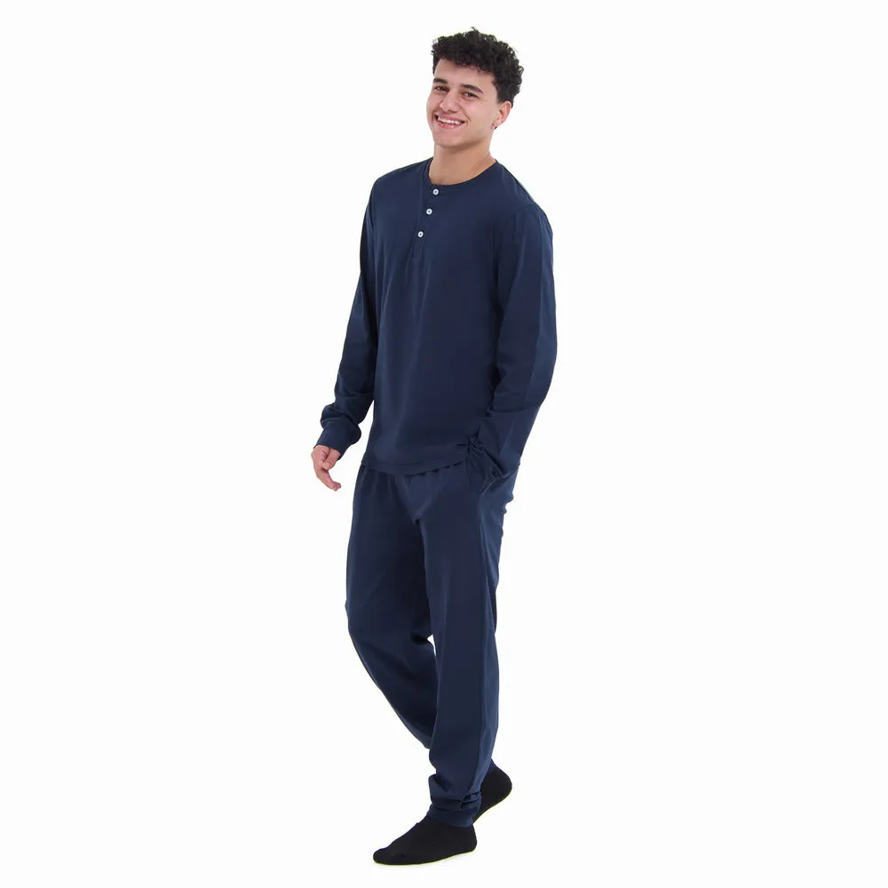 Men Fall Pajama Set Dark Blue Buttoned Sweatshirt   Pants