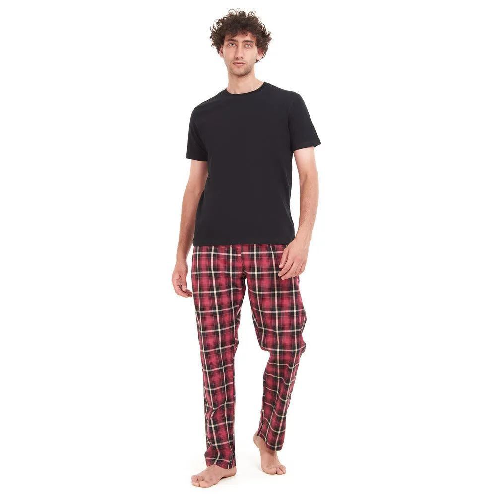 Men summer pajama set Black T-shirt   Red x Black Checkered pants
