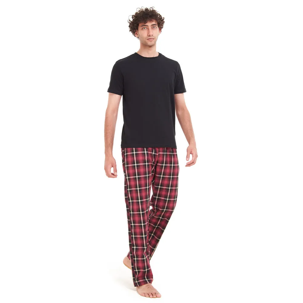 Men summer pajama set Black T-shirt   Red x Black Checkered pants