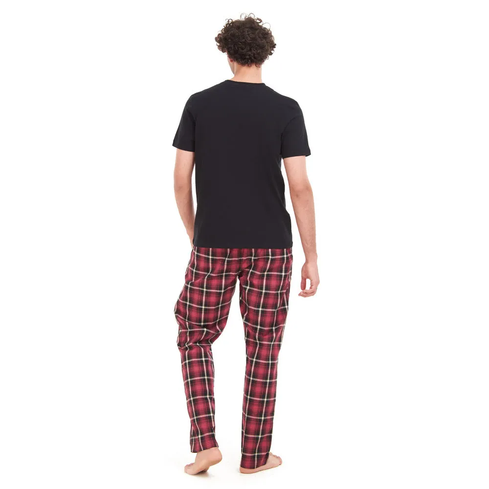 Men summer pajama set Black T-shirt   Red x Black Checkered pants