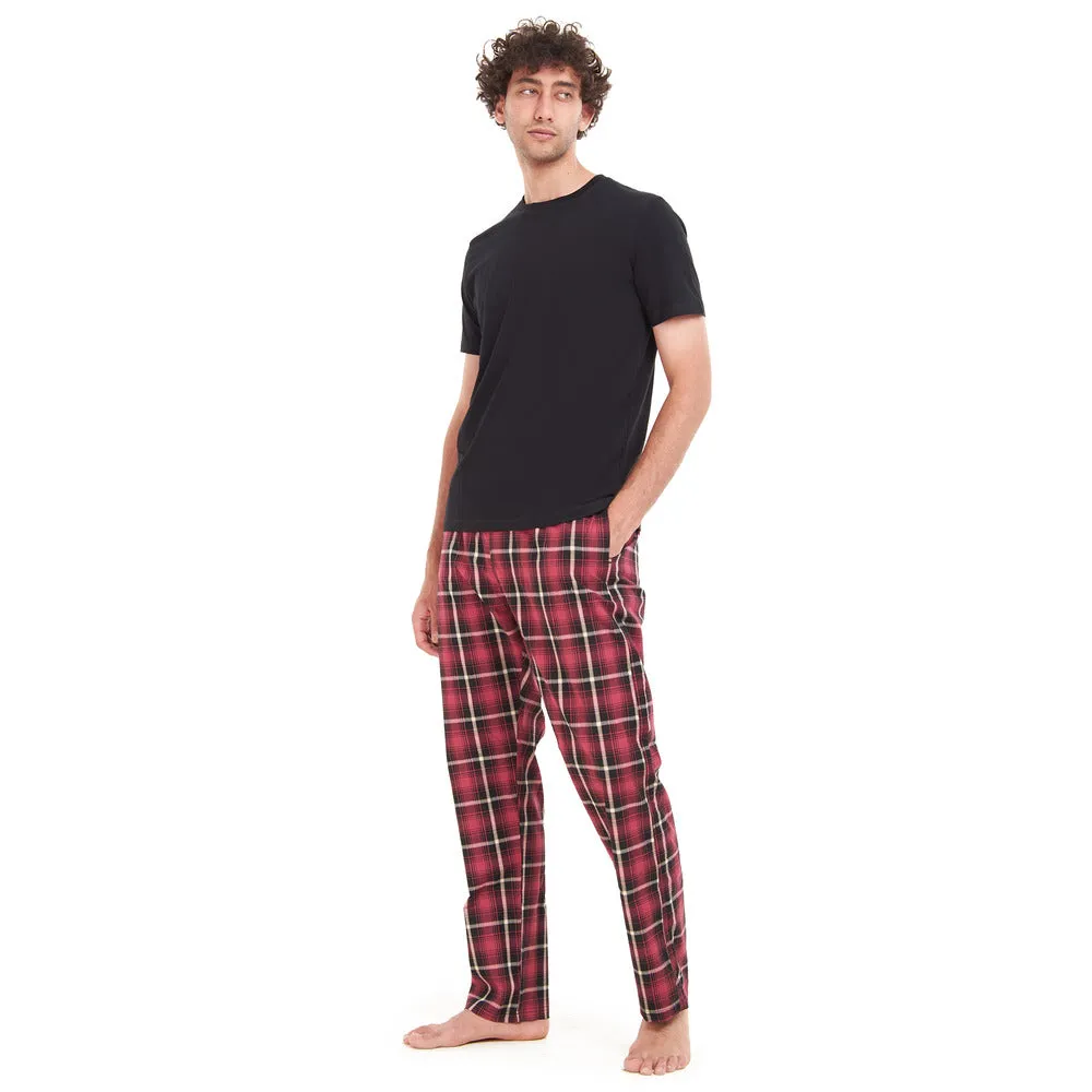 Men summer pajama set Black T-shirt   Red x Black Checkered pants