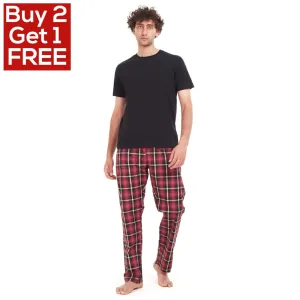 Men summer pajama set Black T-shirt   Red x Black Checkered pants