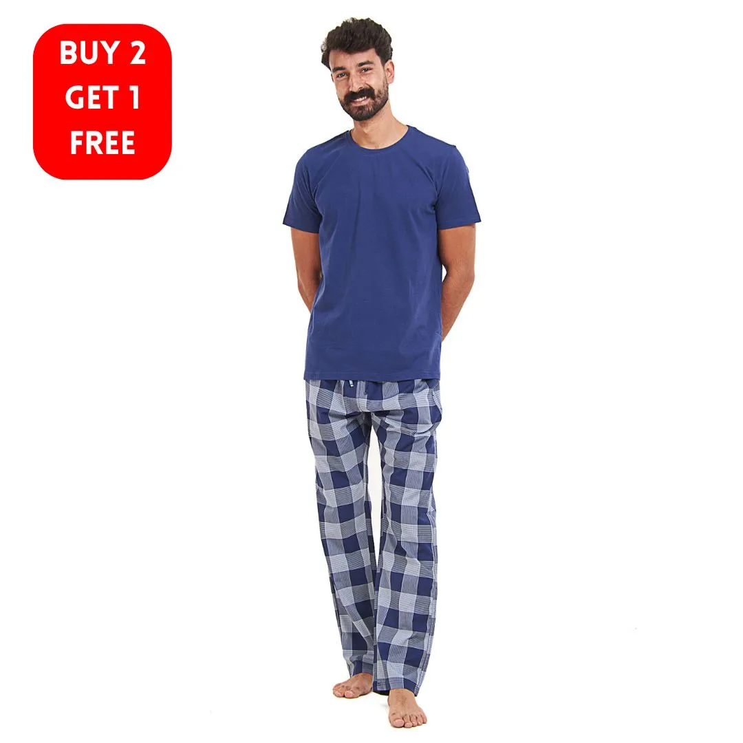 Men summer pajama set Dark blue T-shirt   Light blue x Blue Checkered Pants