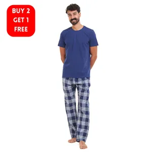 Men summer pajama set Dark blue T-shirt   Light blue x Blue Checkered Pants
