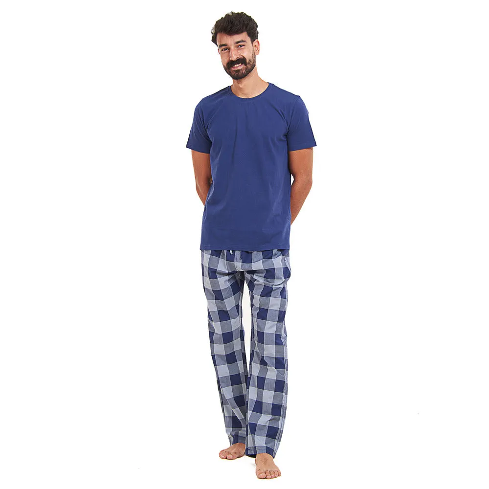 Men summer pajama set Dark blue T-shirt   Light blue x Blue Checkered Pants