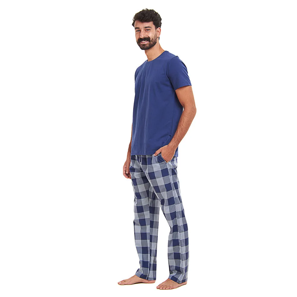 Men summer pajama set Dark blue T-shirt   Light blue x Blue Checkered Pants