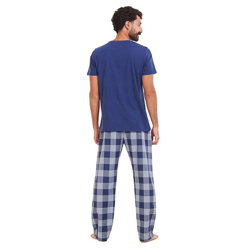 Men summer pajama set Dark blue T-shirt   Light blue x Blue Checkered Pants