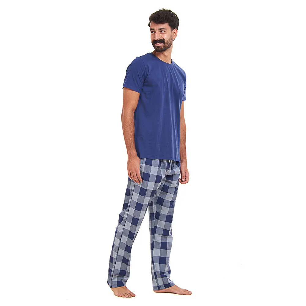 Men summer pajama set Dark blue T-shirt   Light blue x Blue Checkered Pants