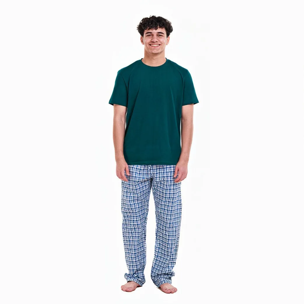 Men summer pajama set Petroleum T-shirt   Petroleum x White Checkered Pants