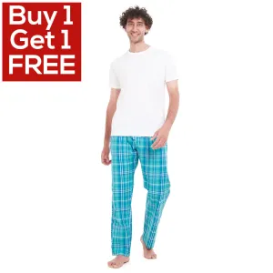 Men summer pajama set White T-shirt   Aqua x Green Checkered pants
