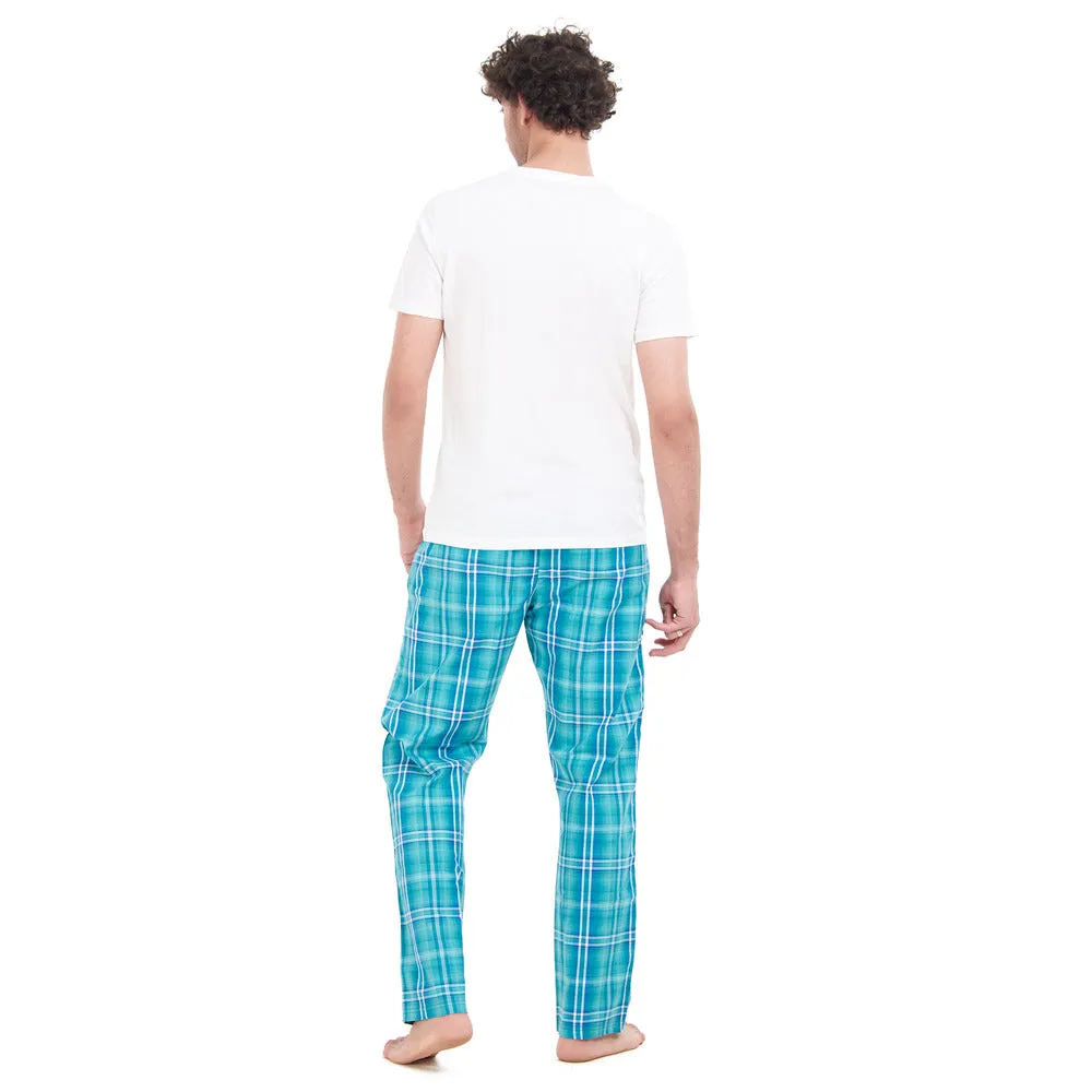 Men summer pajama set White T-shirt   Aqua x Green Checkered pants