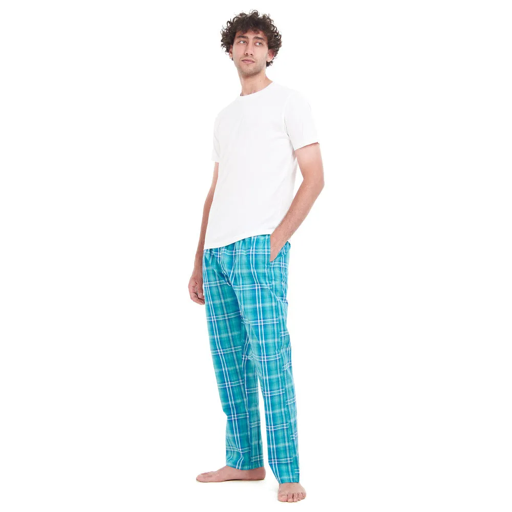 Men summer pajama set White T-shirt   Aqua x Green Checkered pants
