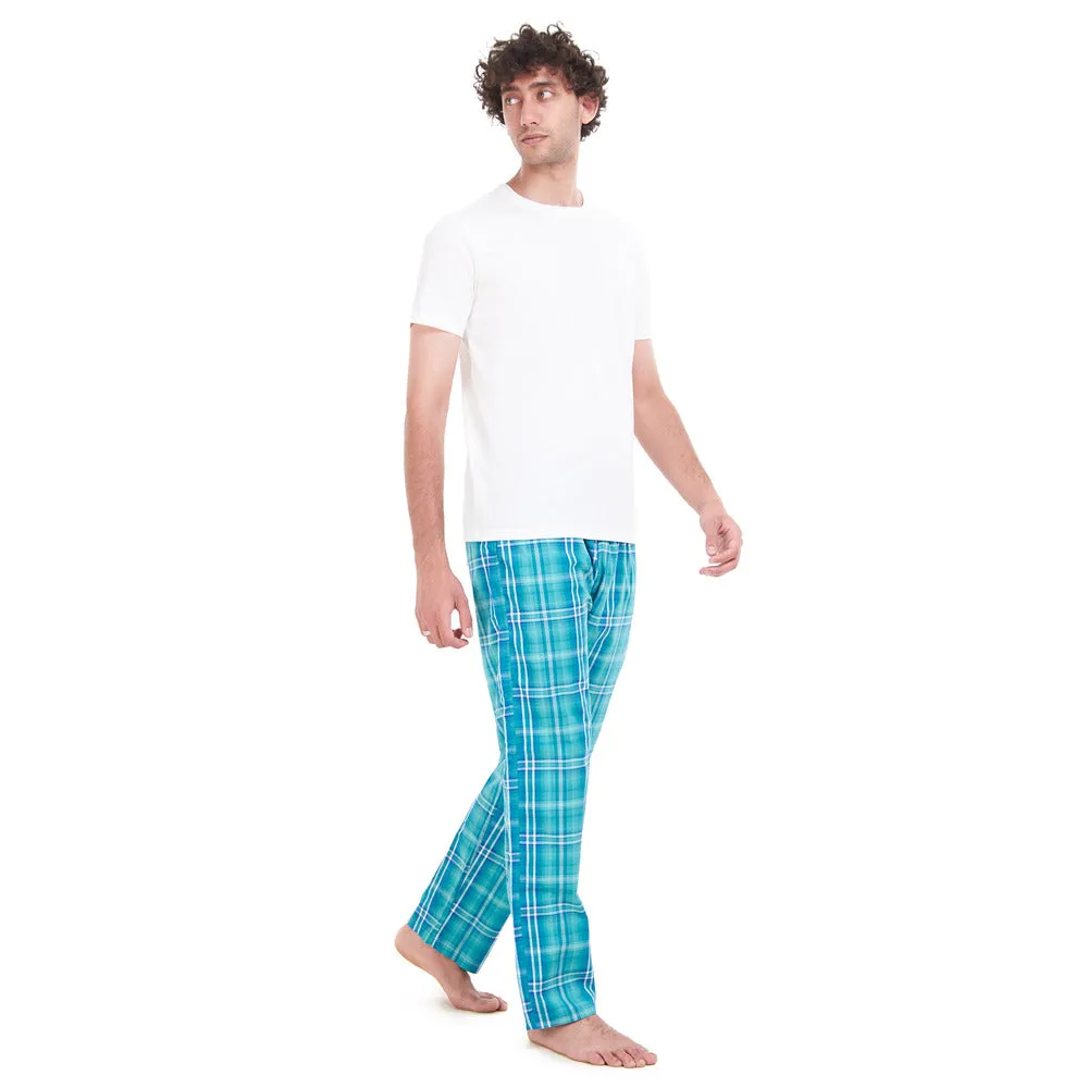 Men summer pajama set White T-shirt   Aqua x Green Checkered pants