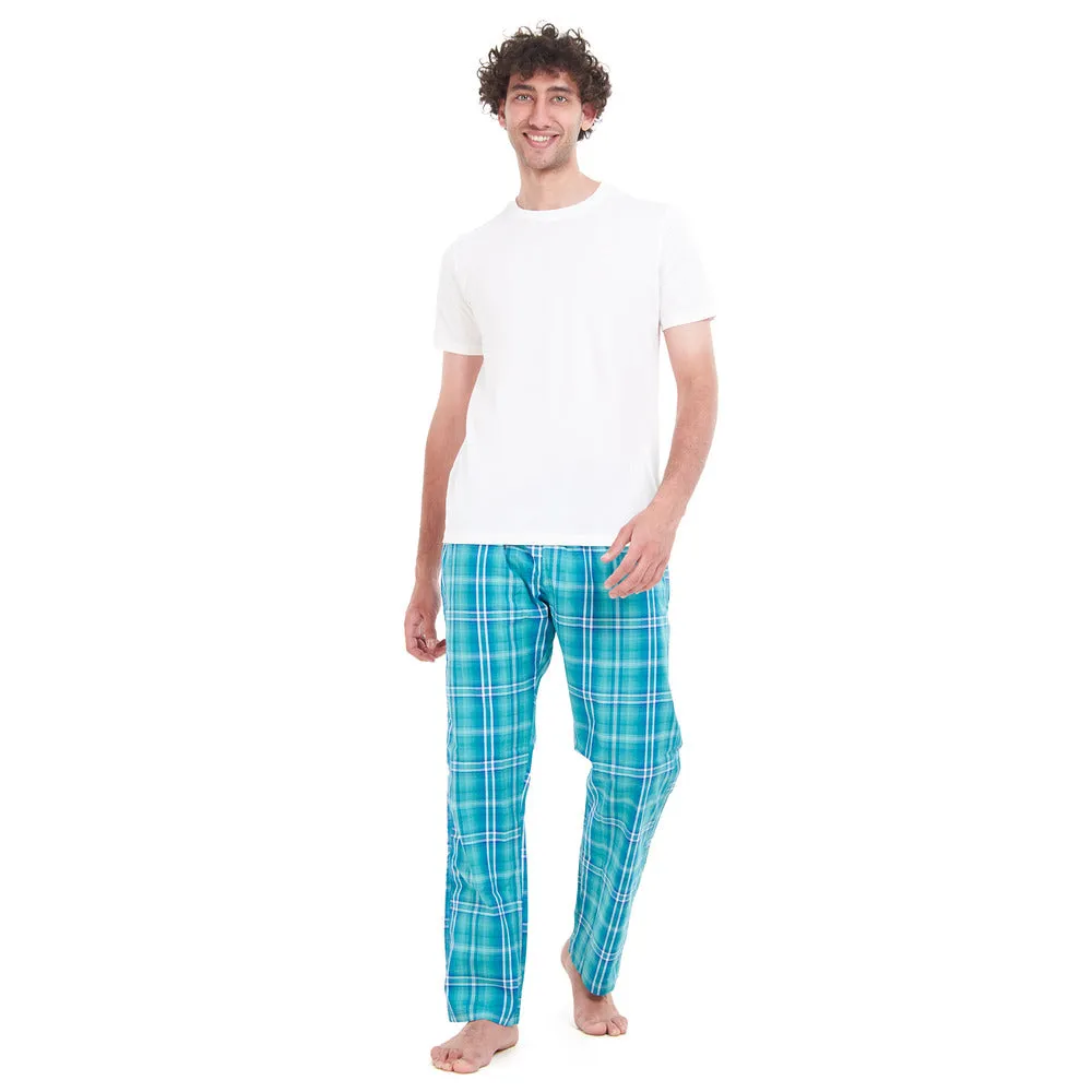 Men summer pajama set White T-shirt   Aqua x Green Checkered pants