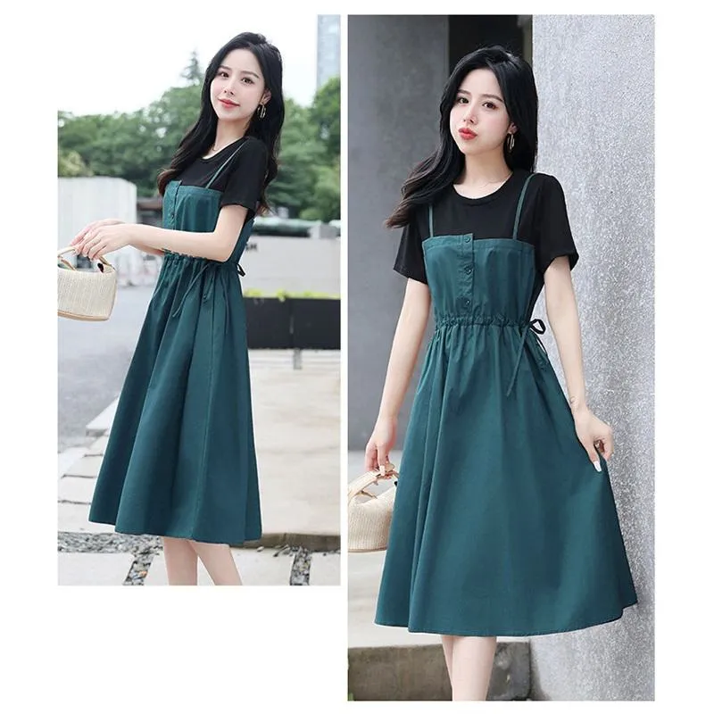 Midi Belted Cinched Waist Faux Two-Piece Dress