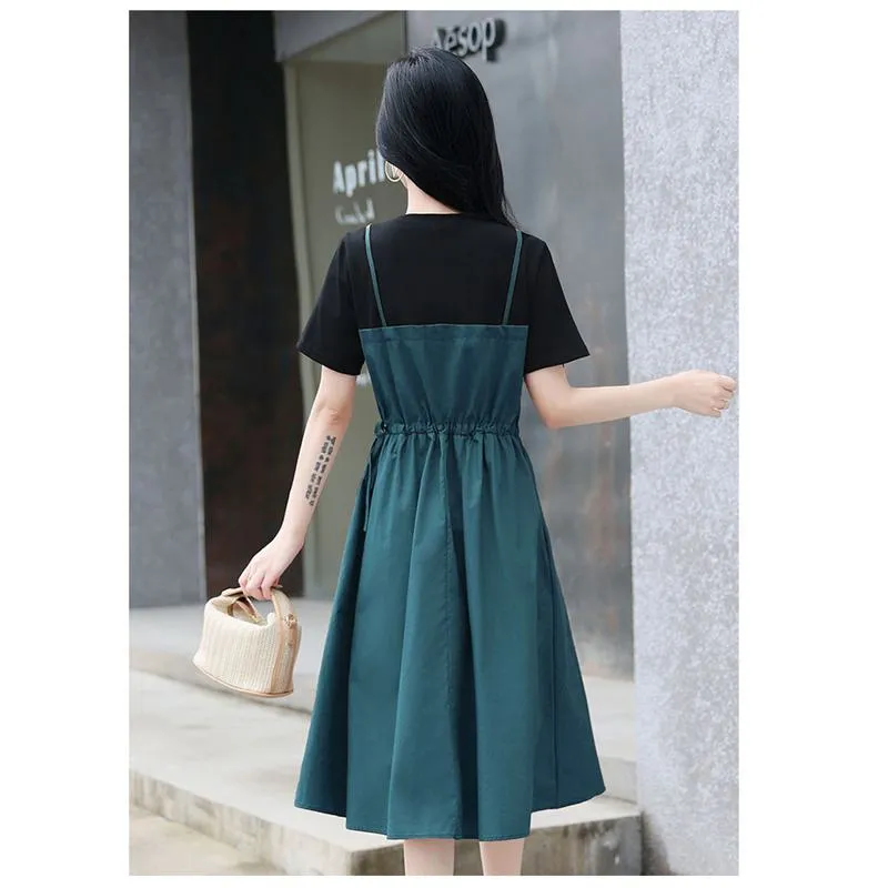 Midi Belted Cinched Waist Faux Two-Piece Dress