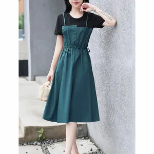 Midi Belted Cinched Waist Faux Two-Piece Dress