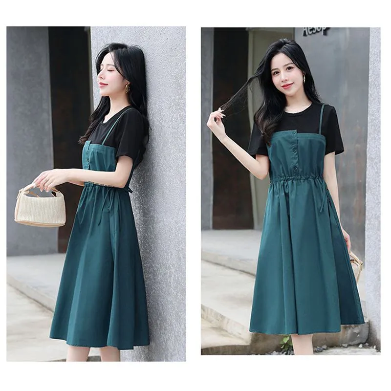 Midi Belted Cinched Waist Faux Two-Piece Dress
