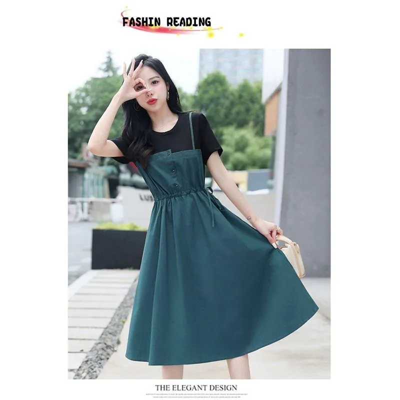 Midi Belted Cinched Waist Faux Two-Piece Dress
