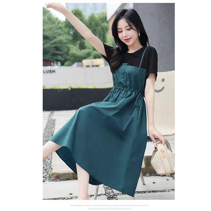 Midi Belted Cinched Waist Faux Two-Piece Dress