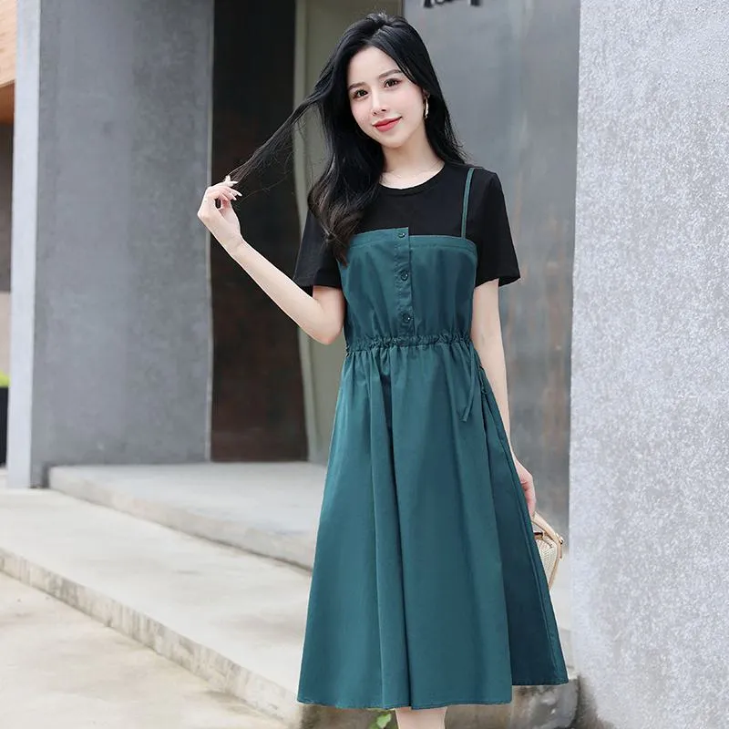 Midi Belted Cinched Waist Faux Two-Piece Dress