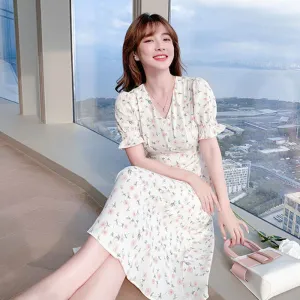 Midi Full Skirt Chiffon Chic Floral Print Cinched Waist Dress