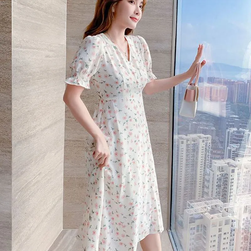 Midi Full Skirt Chiffon Chic Floral Print Cinched Waist Dress