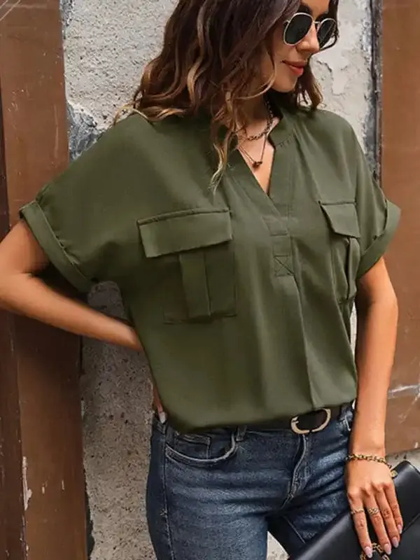 New solid color v-neck elegant commuter shirt with pockets