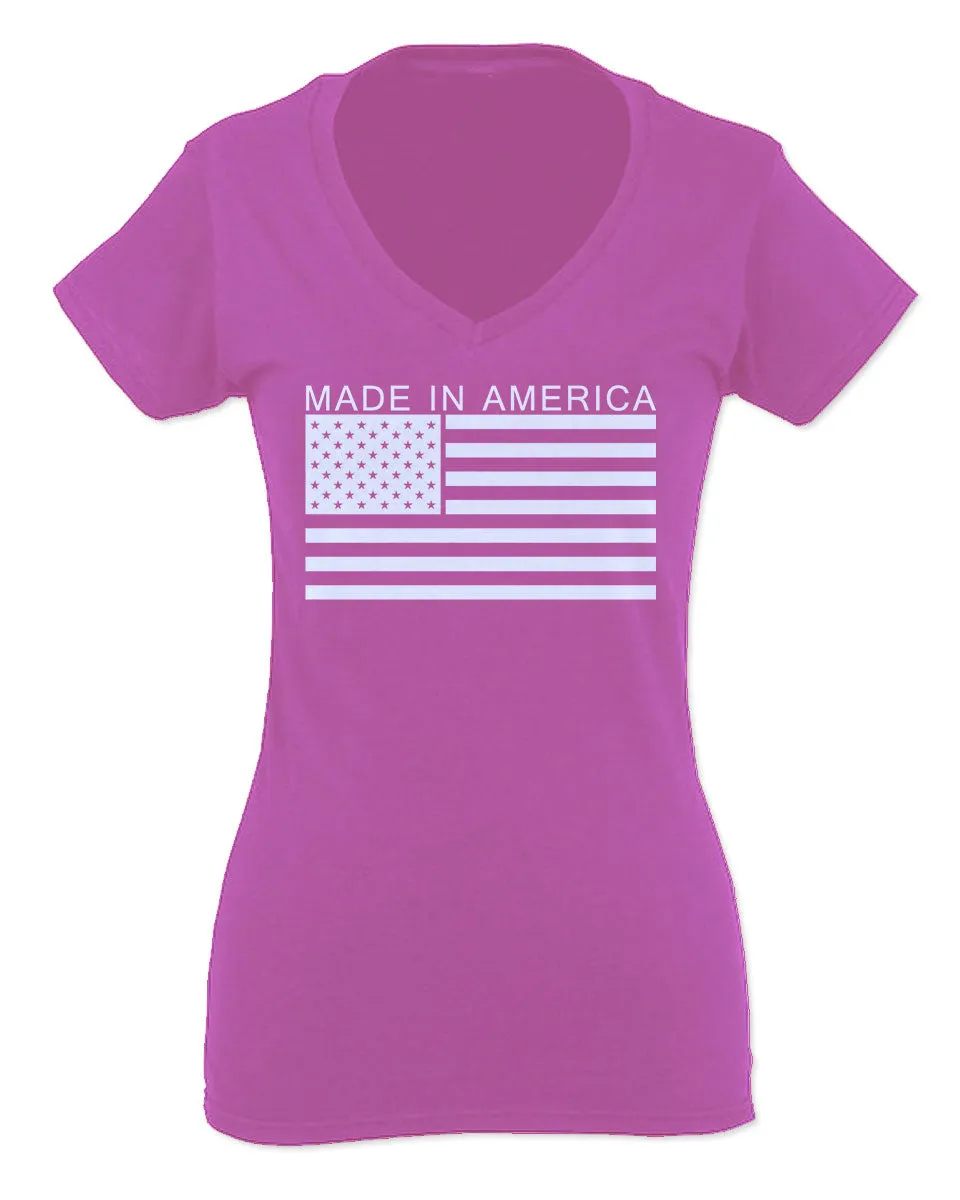 Patriotic American Proud Made in USA United States America Flag For Women V neck fitted T Shirt